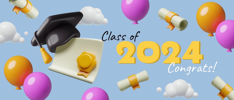 Graduation 2024 congratulation banner 3d design with balloons and diplomas flying in the air vector