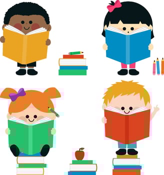 Children reading books. Happy diverse group of school boys and girls study homework. vector