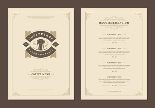 Coffee menu template design flyer for cafe with coffee shop logo cup symbol and retro typographic decoration elements. vector