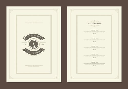 Coffee menu design template flyer for cafe with coffee shop bean symbol and vintage typographic decoration elements. vector
