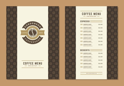 Coffee menu design template flyer for cafe with coffee shop bean symbol and vintage typographic decoration elements. vector