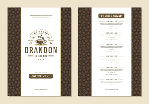 Coffee menu template design flyer for cafe with coffee shop logo cup symbol and retro typographic decoration elements. vector