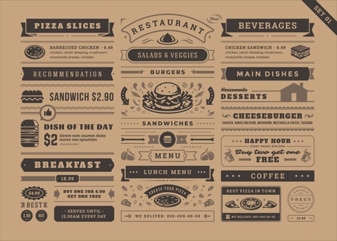 Restaurant menu typographic decoration design elements set vintage and retro style illustration. vector
