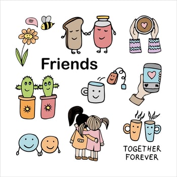 Cute friendship clipart. Hand drawn doodle illustration with friends vector
