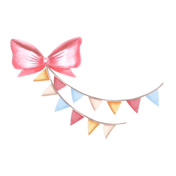 Red bow silk ribbon with flags garland. Colorful Happy Birthday festive clipart. Hand drawn watercolor illustration isolated. Template for holiday decoration, card, invitation, baby shower, nursery. png