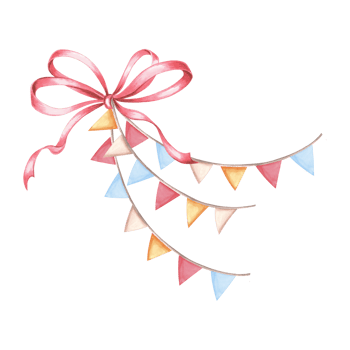 Red bow silk ribbon with flags garland. Colorful Happy Birthday festive clipart. Hand drawn watercolor illustration isolated. Template for holiday decoration, card, invitation, baby shower, nursery. png