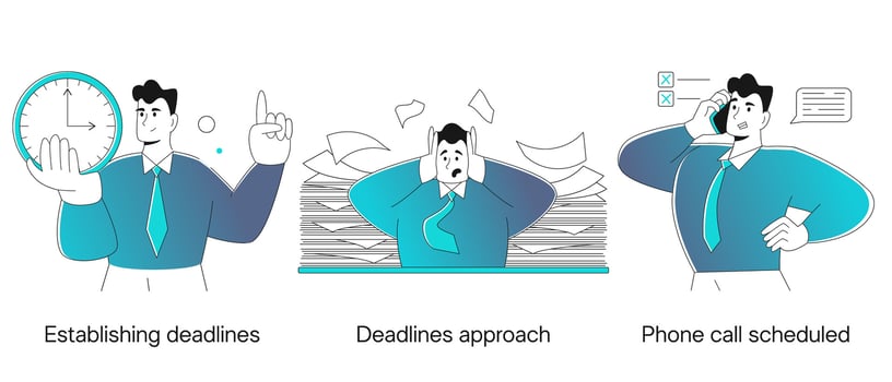 businessman office worker, assistant in flat modern style. The concept of deadlines, work deadlines, calling clients with advertising offers, productivity at work vector