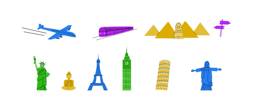 Travel destinations Europe, Asia and America famous and trip summer elements set. Statues and building for landmark posters, cover design. vector