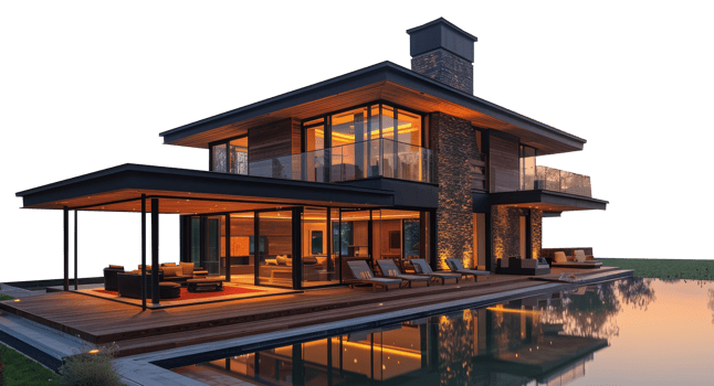 A large house stands elegantly with a pool in front of it, creating a luxurious and spacious outdoor living area. png