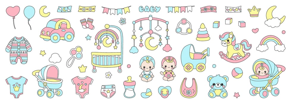 Baby care icon set for newborn girls and boys. Cartoon nursery pastel collection with toys, rocking horse, cradle and clothes for kindergarten. illustration isolated on white background. vector