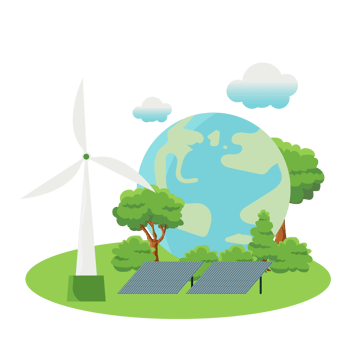 Clean energy concept on World Environment Day or International Forest Day, tree concept and earth globe with solar panels with wind turbine on nature background. Ecology and environment png