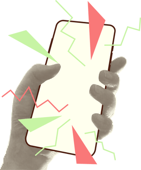 Collage with halftone style hands hold smartphone Minimalist metaphor concept finance-themed mobile applications, online sales, social media. Idea for web banner Cutouts magazine. illustration png