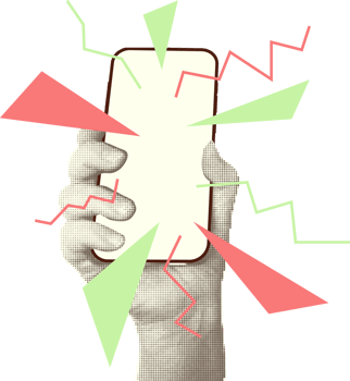 Collage with halftone style hands hold smartphone Minimalist metaphor concept finance-themed mobile applications, online sales, social media. Idea for web banner Cutouts magazine. illustration png