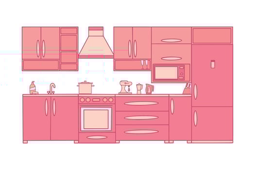 Pink kitchen set with built-in appliances. Pink toy kitchen kitchen design. illustration vector