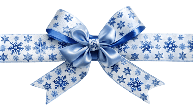 White Satin Ribbon with Blue Snowflakes and Bow - Transparent Background png