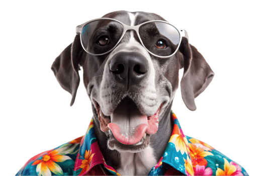 Happy Great Dane Wearing a Hawaiian Shirt and Sunglasses - Transparent Background png