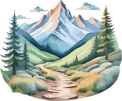 beautiful trekking trail to mountain landscape, watercolor style Illustration for nature-inspired relaxation, vacation, traveling, hiking, outdoor adventure, summer, activity, destination, biking png