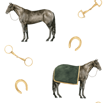 Seamless pattern with watercolor illustration of horse, golden snaffle, bit, horseshoes. Equipment for horse riding set. Isolated. For cards, prints, decor png