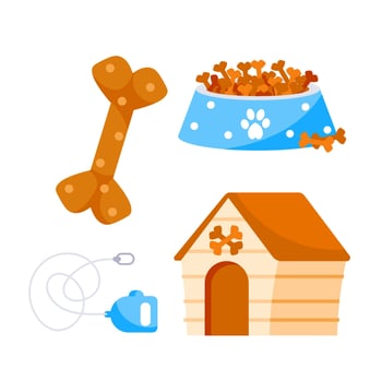 Dogs toys set. Pet Shop Products. Pets supplies, playing accessories for puppy. vector