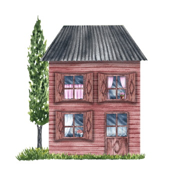 An old village house. Fabulous, wooden two-storey house in vintage style. The watercolor illustration is made by hand. Highlight it. For prints, children's games, postcards, packaging, scrapbooking. png