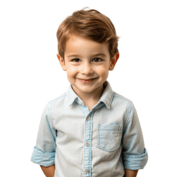 A cheerful young boy in a light blue shirt stands with his hands behind his back, smiling brightly png