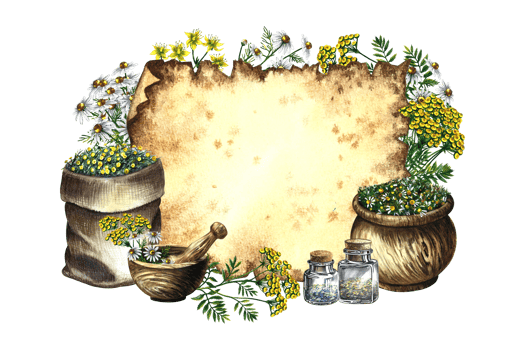 Medicinal herbs, chamomile, St. John's wort and tansy. Frame for writing on parchment. Dry, grind in a linen bag, in glass bottles and a wooden pot. Wooden mortar. Watercolor hand drawn illustration. png