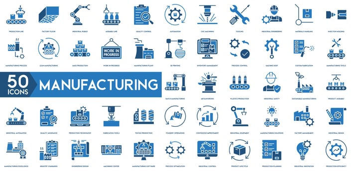 Manufacturing icon. Injection Molding, Manufacturing Tools, Product Assembly, Industrial Design, Production Efficiency, Batch Manufacturing, Metalworking, Plastics Production, Industrial Safety vector