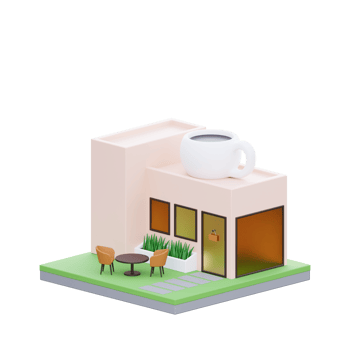 3D Rendered Building with Coffee Cup Roof and Outdoor Seating png