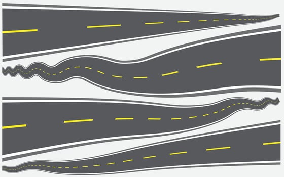 Roads in perspective. Bended pathway road curved city street vector