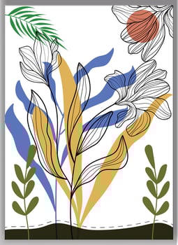 Botanical boho foliage line art drawing with abstract shape wall art vector