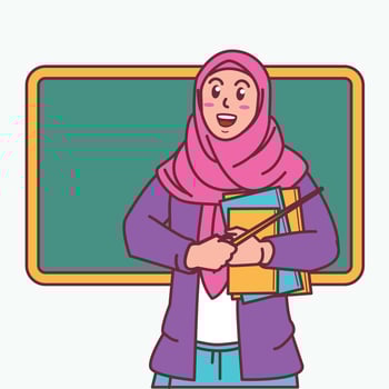 Cartoon of a female teacher in a hijab carrying a book, and a blackboard behind her vector