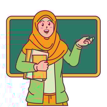 Cartoon of a female teacher in a hijab carrying a book, and a blackboard behind her vector