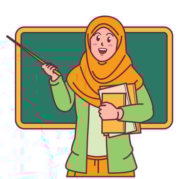 Cartoon of a female teacher in a hijab carrying a book, and a blackboard behind her vector