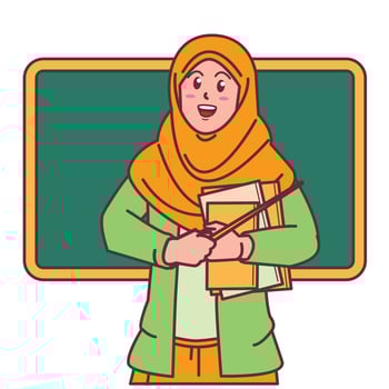 Cartoon of a female teacher in a hijab carrying a book, and a blackboard behind her vector