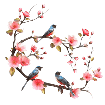 Watercolor painting of birds on a branch with flowers on transparent background. png