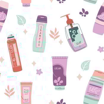 Seamless pattern with bottles of cosmetic products. Cream, lotion, serum for face and body. Personal care, hygiene. flat illustration for texture, background, wallpaper, fabric vector