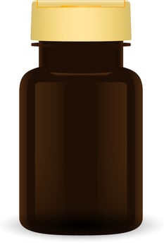 Brown Plastic Pill Bottle. 3d Medical Package for Drug, Capsule. Pharmaceutical Packaging Mockup with Yellow Cap Template for Tablet. Sport Energy Supplement Container for Bcaa, Minerals. vector