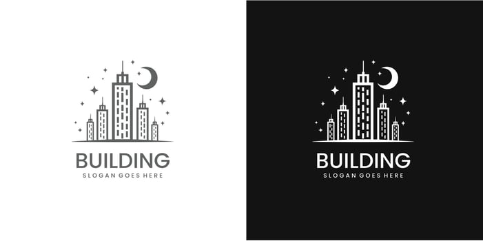 City building logo or skyscraper decorated with stars in linear design illustration Pro style vector