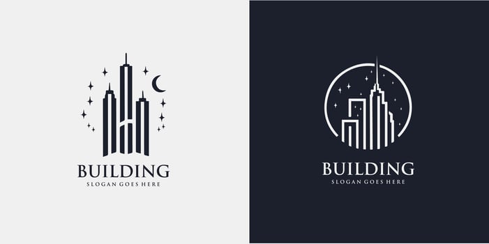 City building logo or skyscraper decorated with stars in linear design illustration Pro style vector
