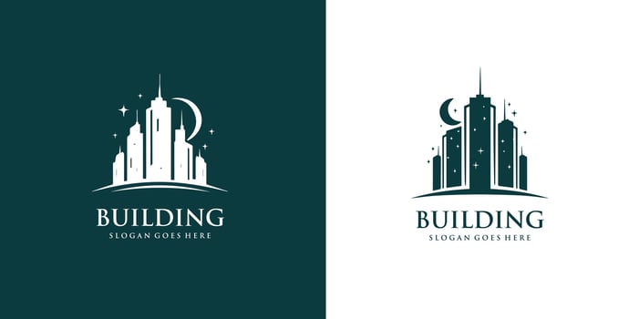 City building logo or skyscraper decorated with stars in linear design illustration Pro style vector