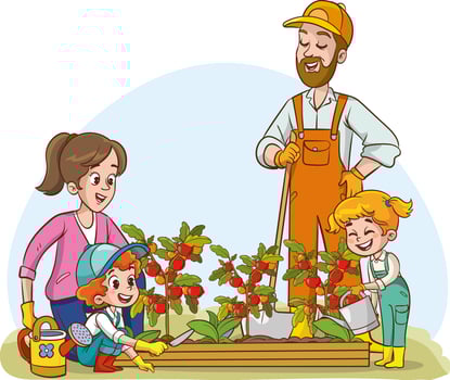 Happy cute little children are planting flowers with their parents.children are helping their parents with gardening vector