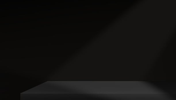 Black Background Wall Studio Room with Light,Shadow on Floor,Empty 3d Backdrop with Podium for product presentation,Empty Display Kitchen Room with Grey Table Top for Web Banner promotion vector
