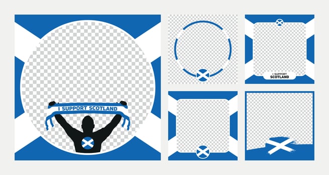 I support Scotland european football championship profil picture frame banner man silhouette with national flag scarf in hand for social media vector