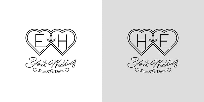 Letters EH and HE Wedding Love Logo, for couples with E and H initials vector