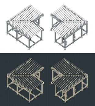 Corner section of roller conveyor isometric blueprints vector