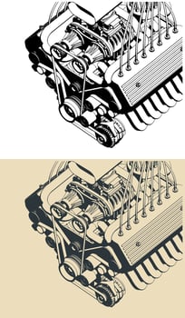 V engine close-up illustrations vector