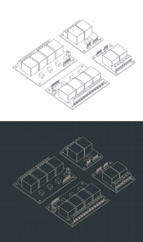Two and four channel relays isometric blueprints vector