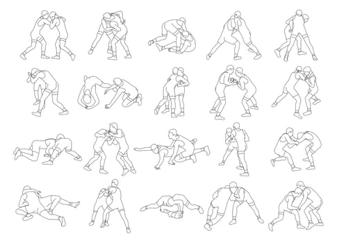 Greco Roman wrestling set. Wrestlers fighting poses, competing. Martial art. Illustration isolated on white background vector