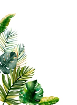 Tropical frame with exotic leaves for party invitations, posters and wedding cards. Watercolor template vector