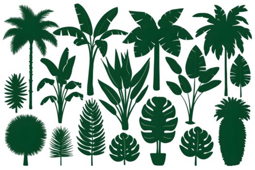 Silhouettes of Tropical Plant Species in Green - Transparent Background png